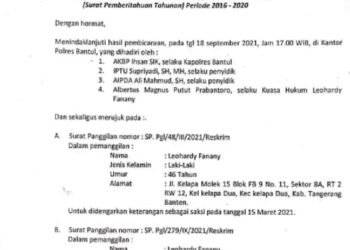Dua kali surat dilayangkan kepada Kapolres Bantul, Yogyakarta AKBP Ihsan SIK tidak mendapat tanggapan sama sekali.