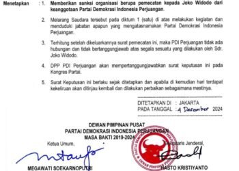 Begini Bunyi SK Pemecatan Jokowi, Gibran dan Bobby Sebagai Kader PDIP