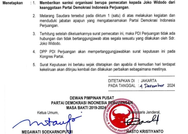 SK pemecatan Joko Widodo sebagai kader PDI Perjuangan