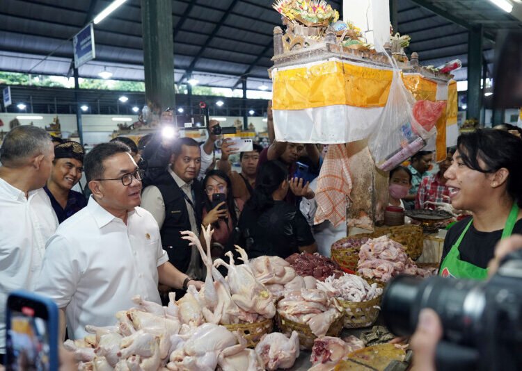 Menteri Perdagangan, Budi Santoso meninjau harga dan stok barang kebutuhan pokok (bapok) di Pasar Nyanggelan, Denpasar, Bali, Selasa (9 Sep).