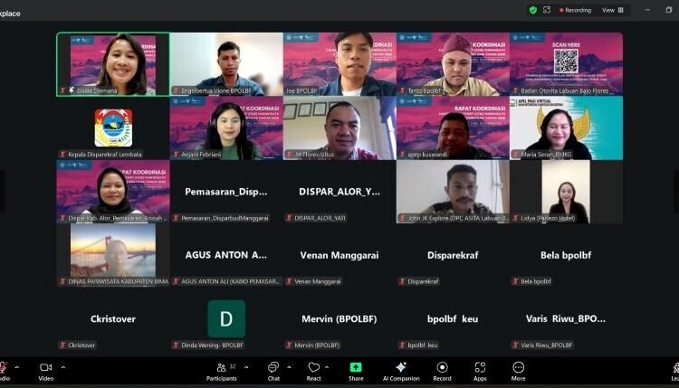 Badan Pelaksana Otorita Labuan Bajo Flores (BPOLBF) menyelenggarakan Rapat Koordinasi Penyusunan Calendar of Event (CoE) FLORATAMA (Flores, Lembata, Alor, dan Bima) Tahun 2026 pada Jumat, 28 November 2025 secara daring melalui Zoom Online Conference